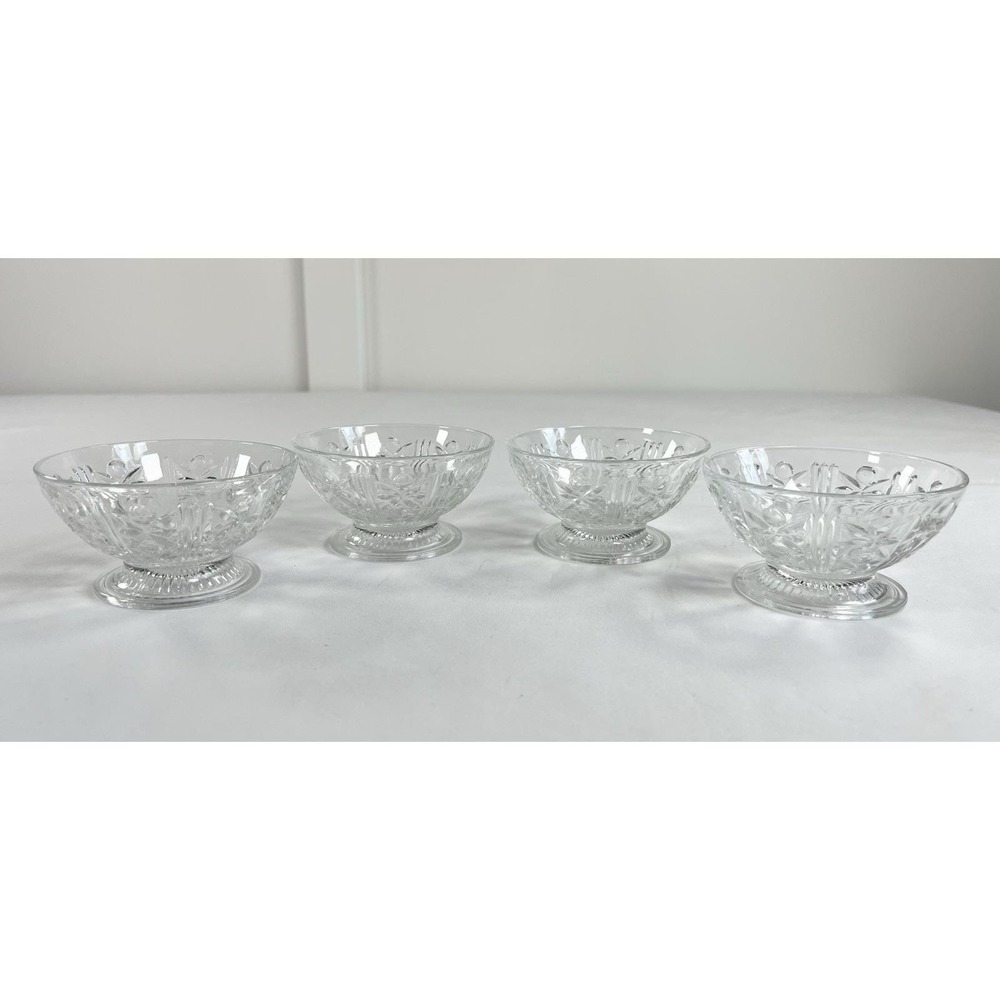 4 Vtg Anchor Hocking Wexford Clear Glass Footed Dessert Bowl Sherbet Glasses MCM